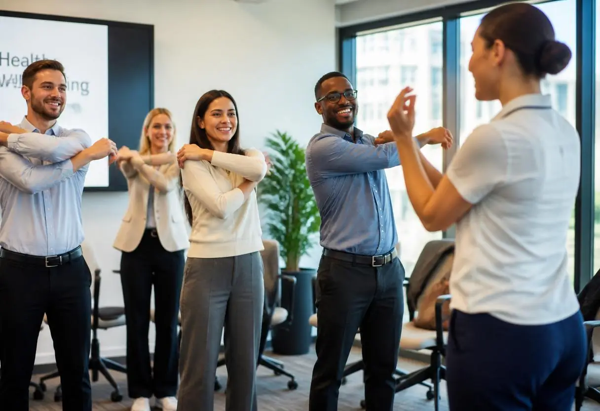Mitarbeitende bei aktiven Bewegungsübungen in einem Workshop